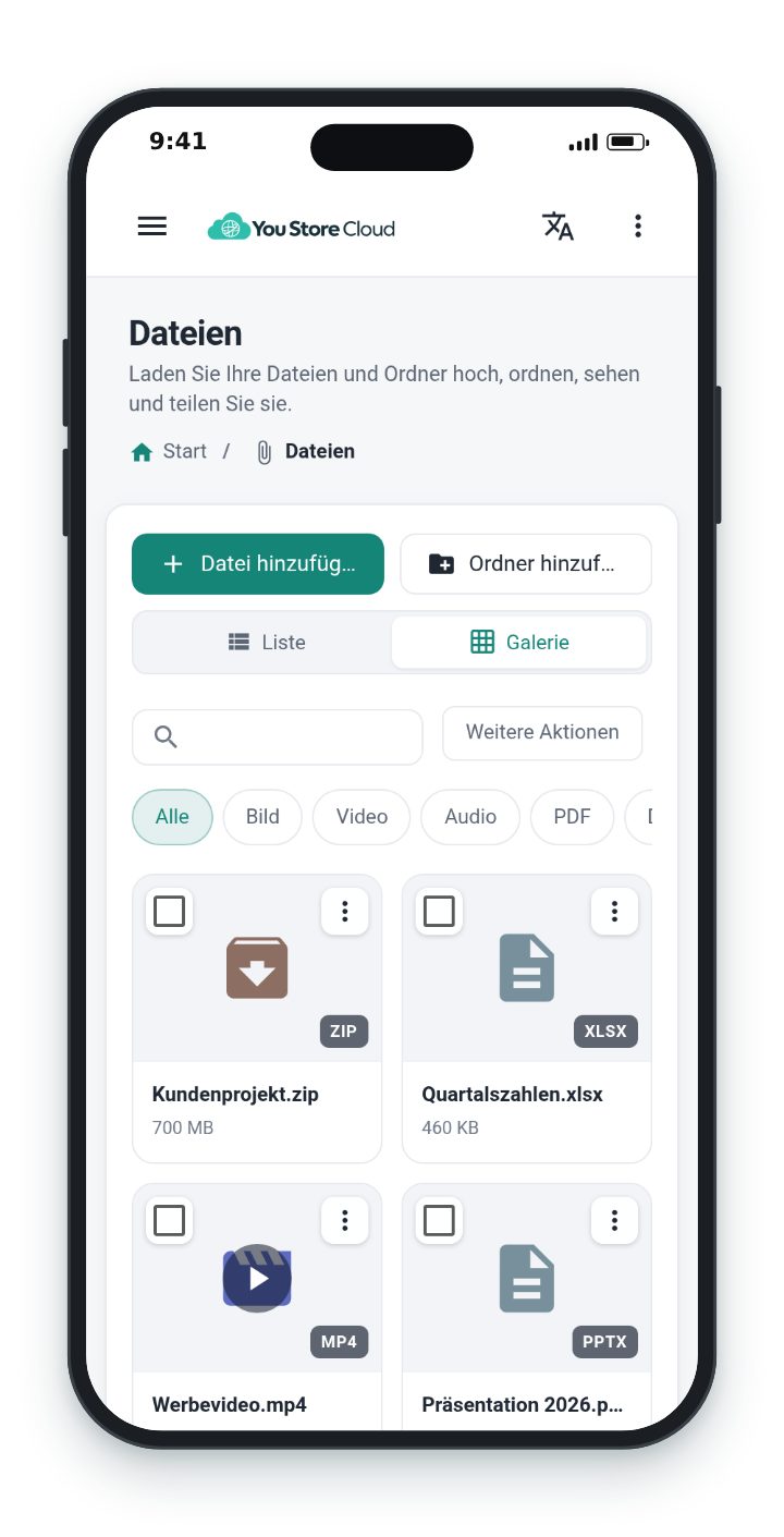 Das You Store Cloud-Dashboard auf einem Smartphone: die Dateigalerie mit einem ZIP, einem Video und Dokumenten