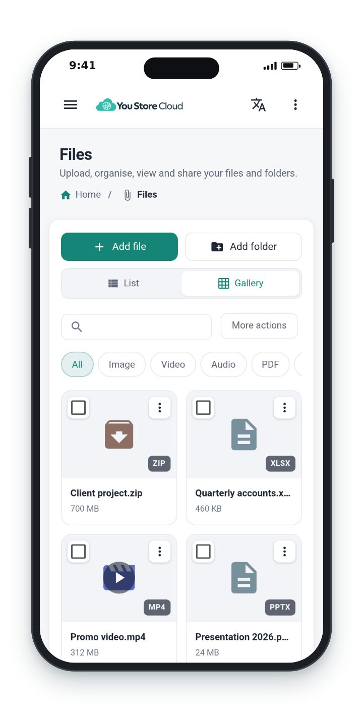 The You Store Cloud dashboard on a phone: the file gallery, with a ZIP, a video and documents