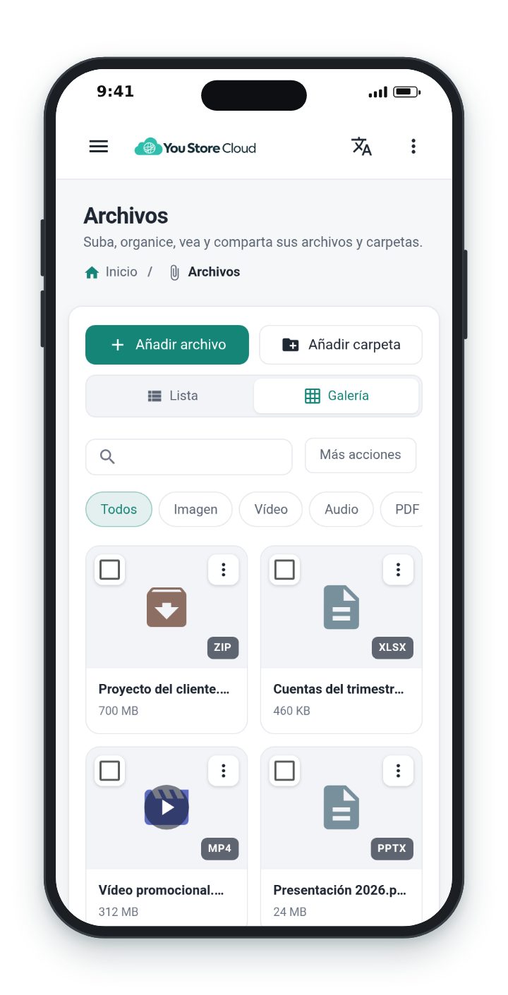 El panel de You Store Cloud en un móvil: la galería de archivos, con un ZIP, un vídeo y documentos