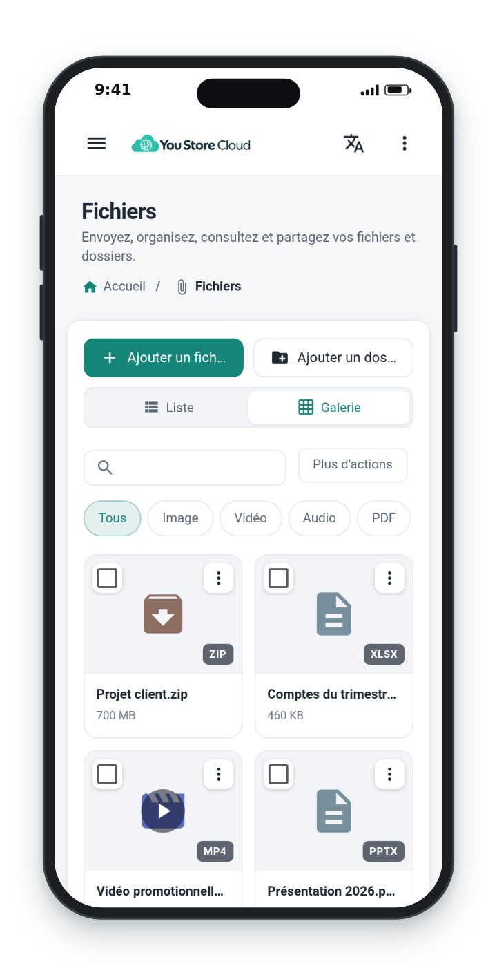 Le tableau de bord You Store Cloud sur un téléphone : la galerie de fichiers, avec un ZIP, une vidéo et des documents