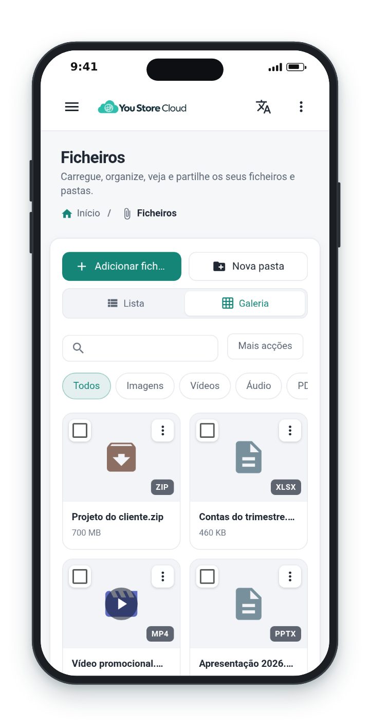 O painel da You Store Cloud num telemóvel: a lista de ficheiros em galeria, com ZIP, vídeo e documentos